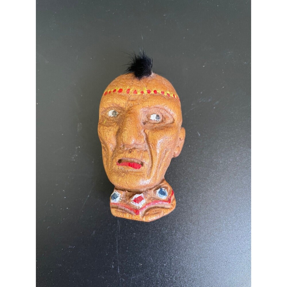 Vintage Native American Indian Head Wood Carving Lapel Pin Brooch